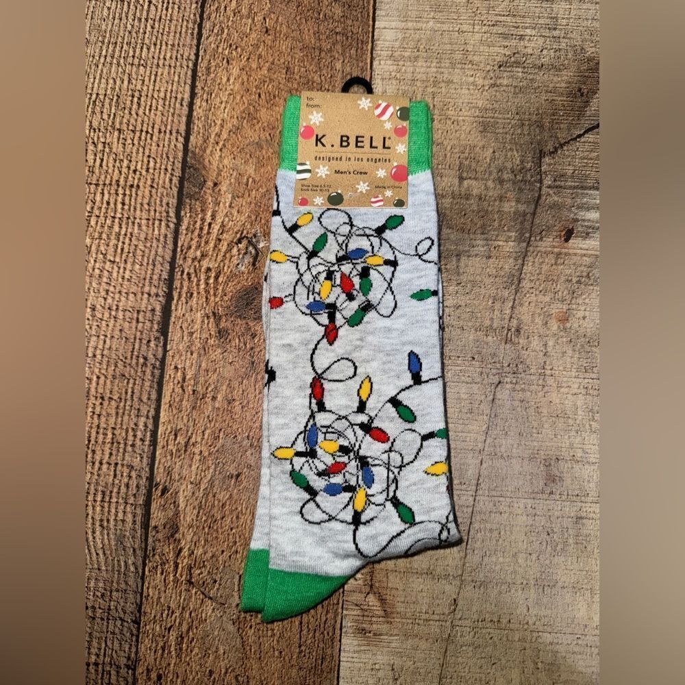 💜 k bell mens crew socks Christmas holiday tangled lights nwt